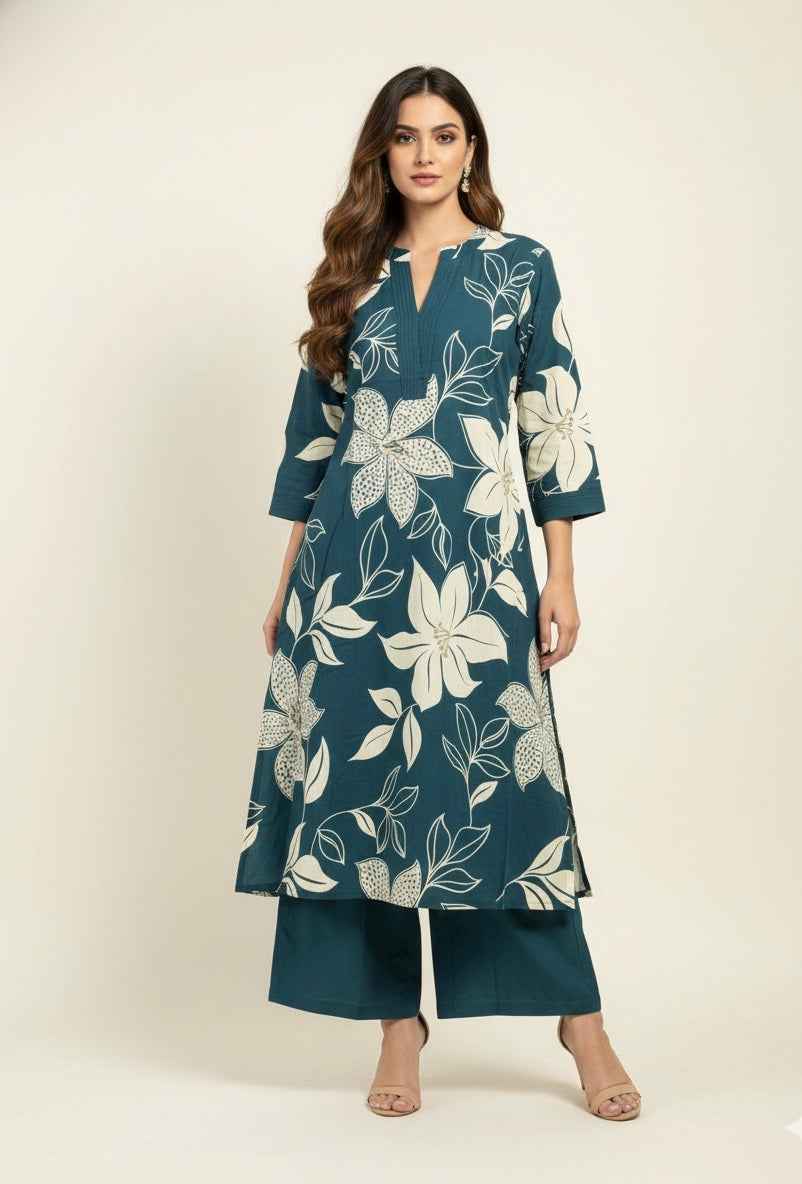 Pure Cotton Floral Print A Line Two Piece Pant Set PS067