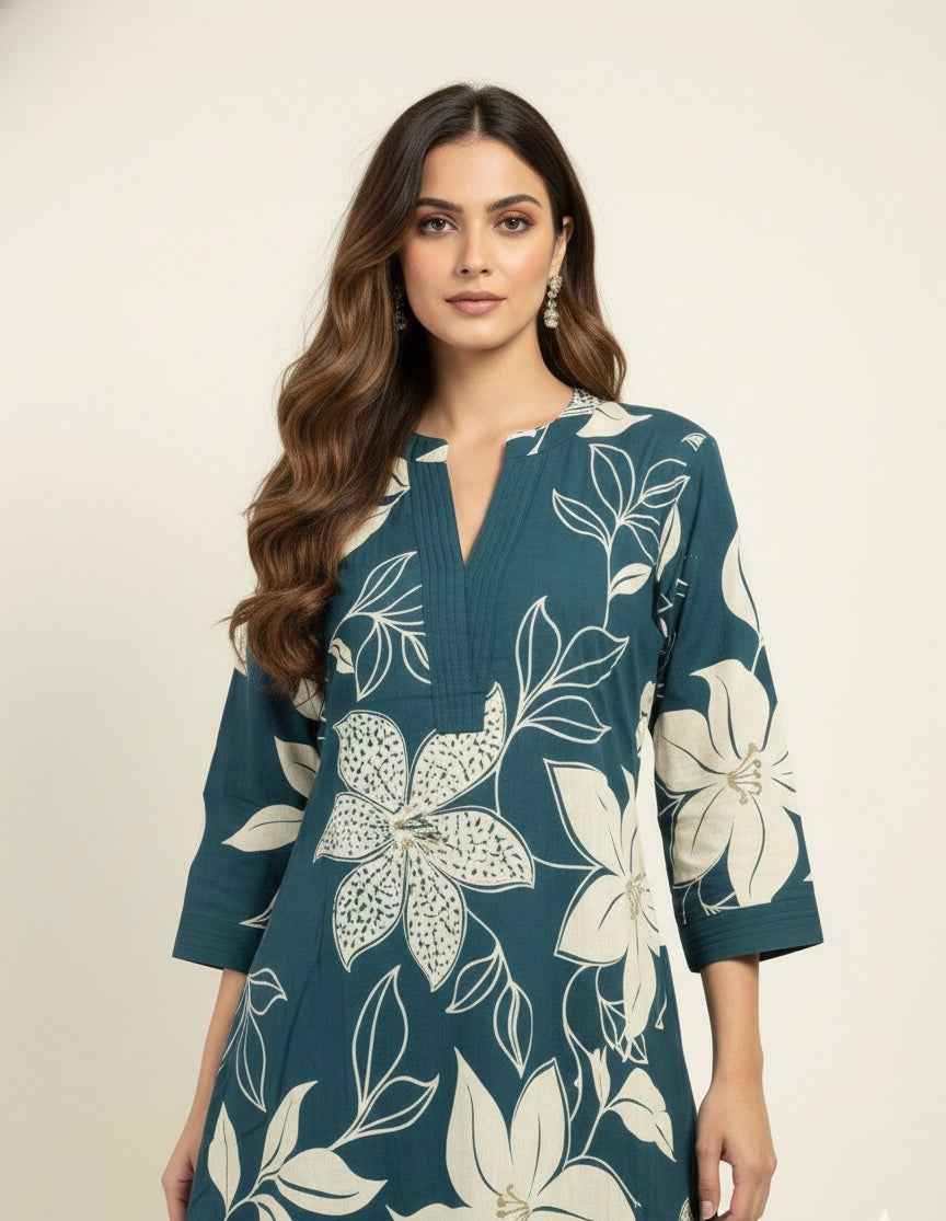 Pure Cotton Floral Print A Line Two Piece Pant Set PS067