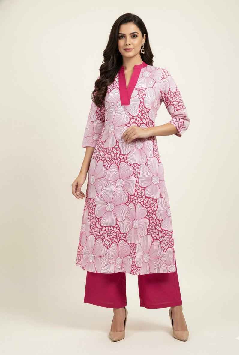 Pure Cotton Floral Print A Line Two Piece Pant Set PS068