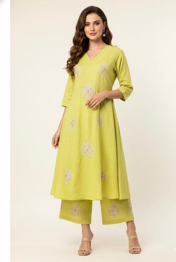 Cotton Two Piece Embroidered A Line  Pant Set  PS052