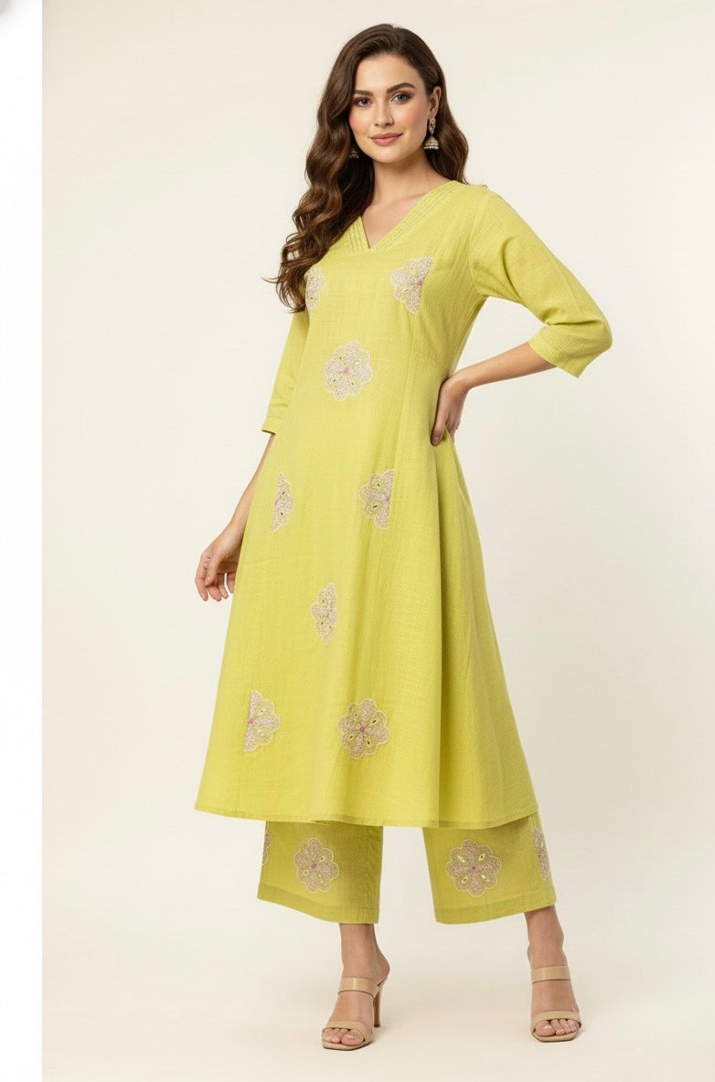 Cotton Two Piece Embroidered A Line  Pant Set  PS052