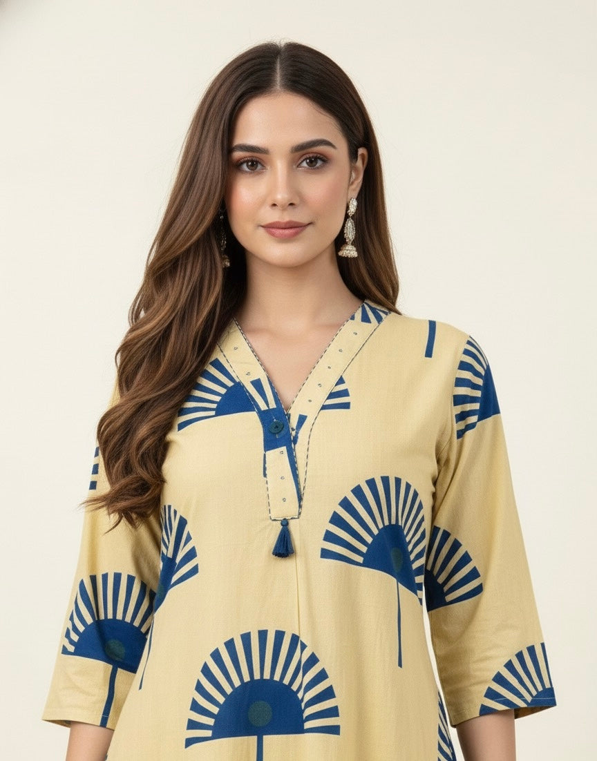 Princess Cut Two Piece Printed Cotton Pant Set PS023