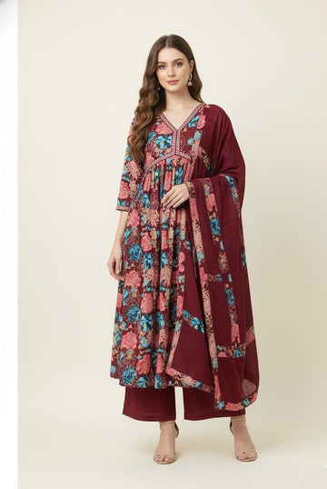 Pure Cotton A Line Three Piece Anarkali Dupatta Set   FL0176