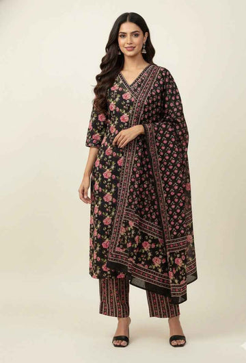 Three Piece Pure Cotton Angrakha Style Dupatta Set ANG005