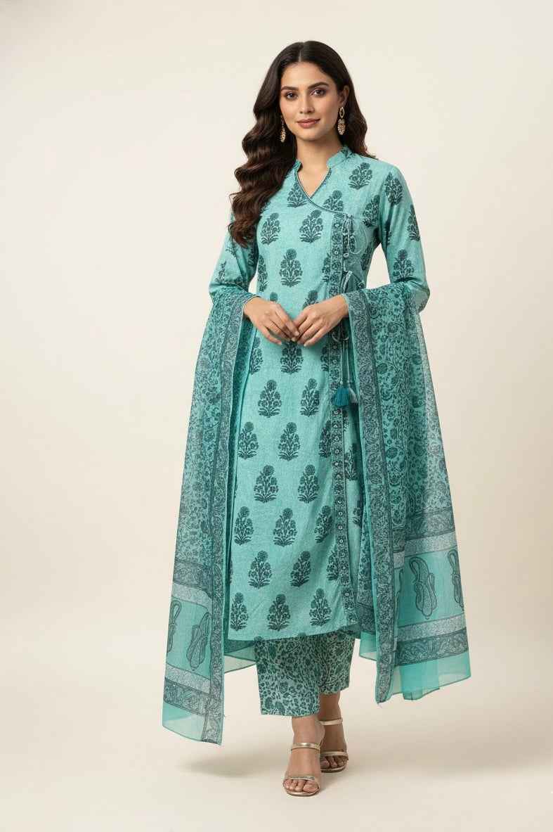 Three Piece Pure Cotton Angrakha Style Dupatta Set ANG007