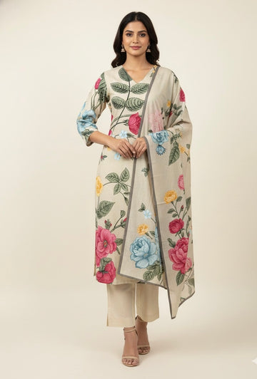 Mint Green Pure Cotton Digital Print Dupatta Set   FL038