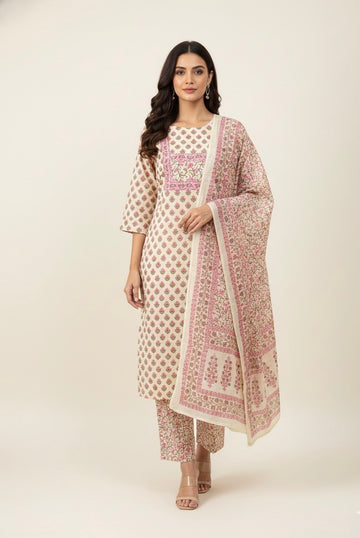 Pure Cotton Floral Print Three Piece Dupatta Set CS0210
