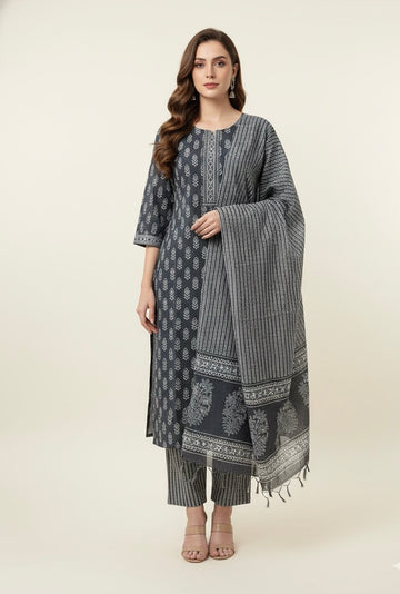 Pure Cotton Floral Print Three Piece Dupatta Set CS0209