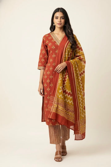 Pure Cotton Floral Print Three Piece Dupatta Set CS0208