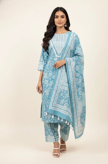 Pure Cotton Floral Print Three Piece Dupatta Set CS0206