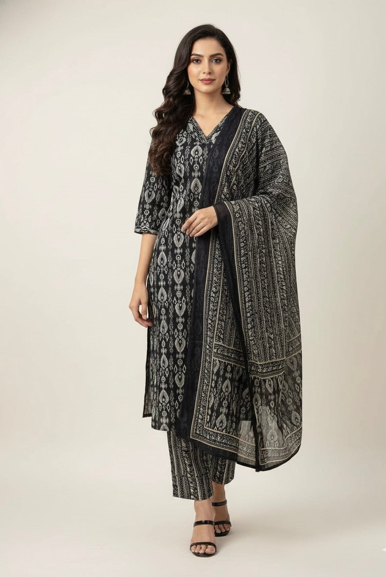 Pure Cotton Floral Print Three Piece Dupatta Set CS0198