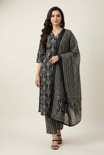 Pure Cotton Floral Print Three Piece Dupatta Set CS0198