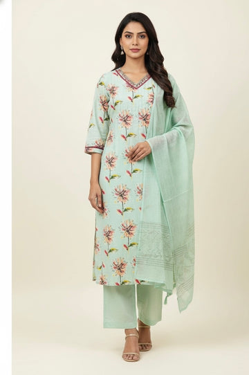 Pure Cotton Floral Print Three Piece Dupatta Set CS0201