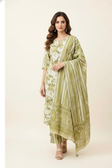 Pure Cotton Floral Print Three Piece Dupatta Set CS0195