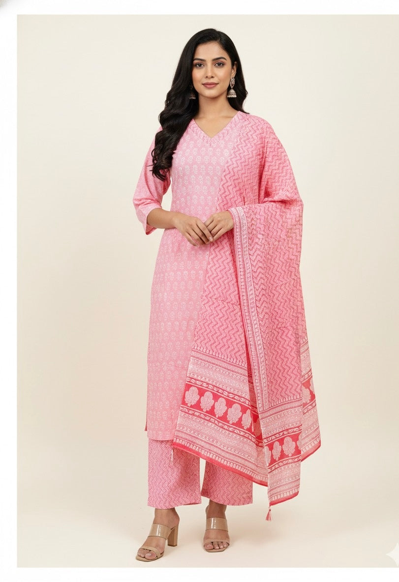 Pure Cotton Floral Print Three Piece Dupatta Set CS0196