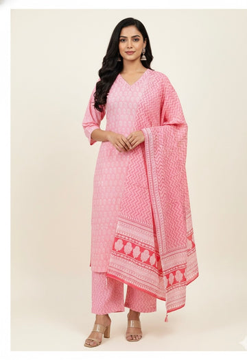 Pure Cotton Floral Print Three Piece Dupatta Set CS0196