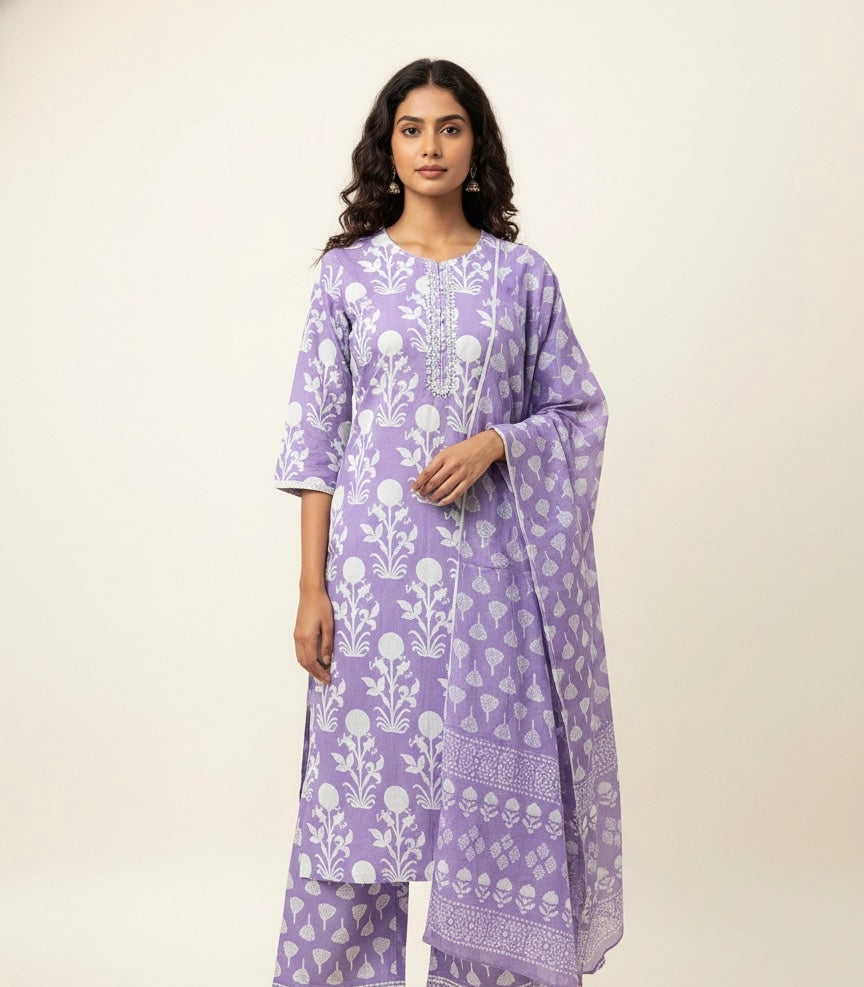 Pure Cotton Floral Print Three Piece Dupatta Set CS0197