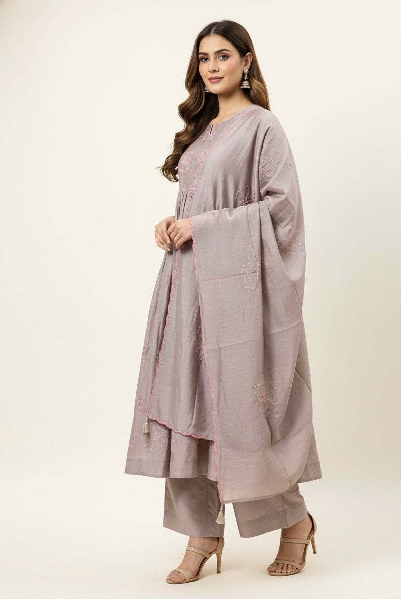 Pure Mul Chanderi Anarkali Dupatta Set With Embroidery Work ANK014