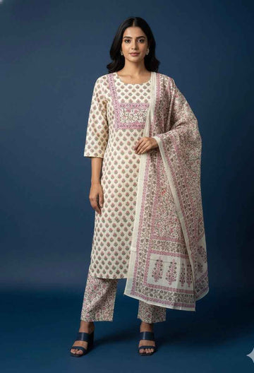Pure Cotton Floral Print Three Piece Dupatta Set CS0210