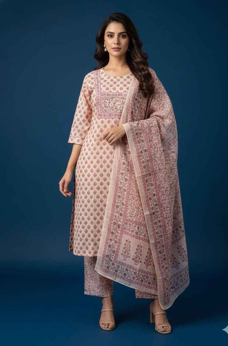 Pure Cotton Floral Print Three Piece Dupatta Set CS0210