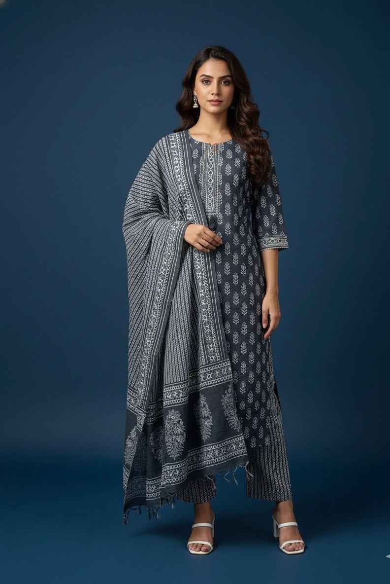 Pure Cotton Floral Print Three Piece Dupatta Set CS0209