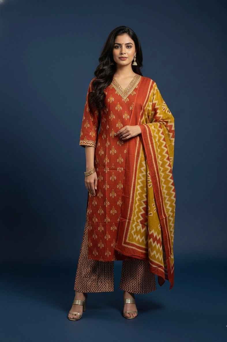 Pure Cotton Floral Print Three Piece Dupatta Set CS0208