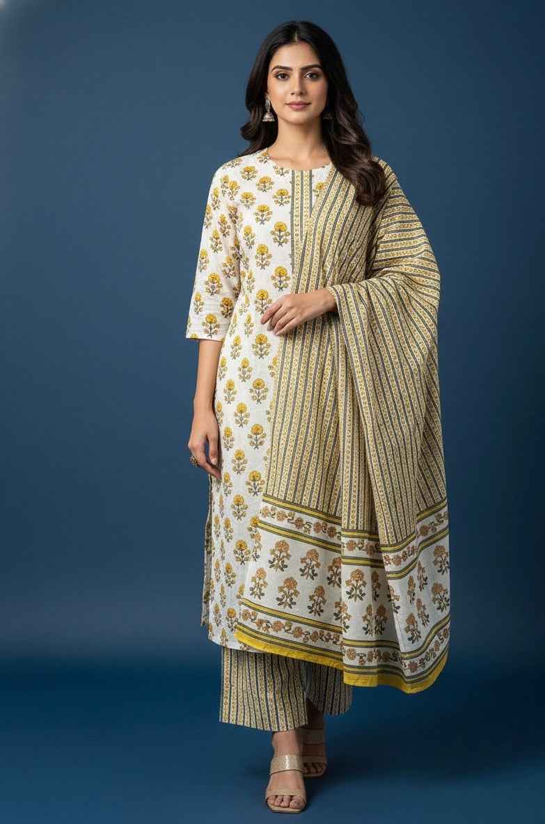 Pure Cotton Floral Print Three Piece Dupatta Set CS0207