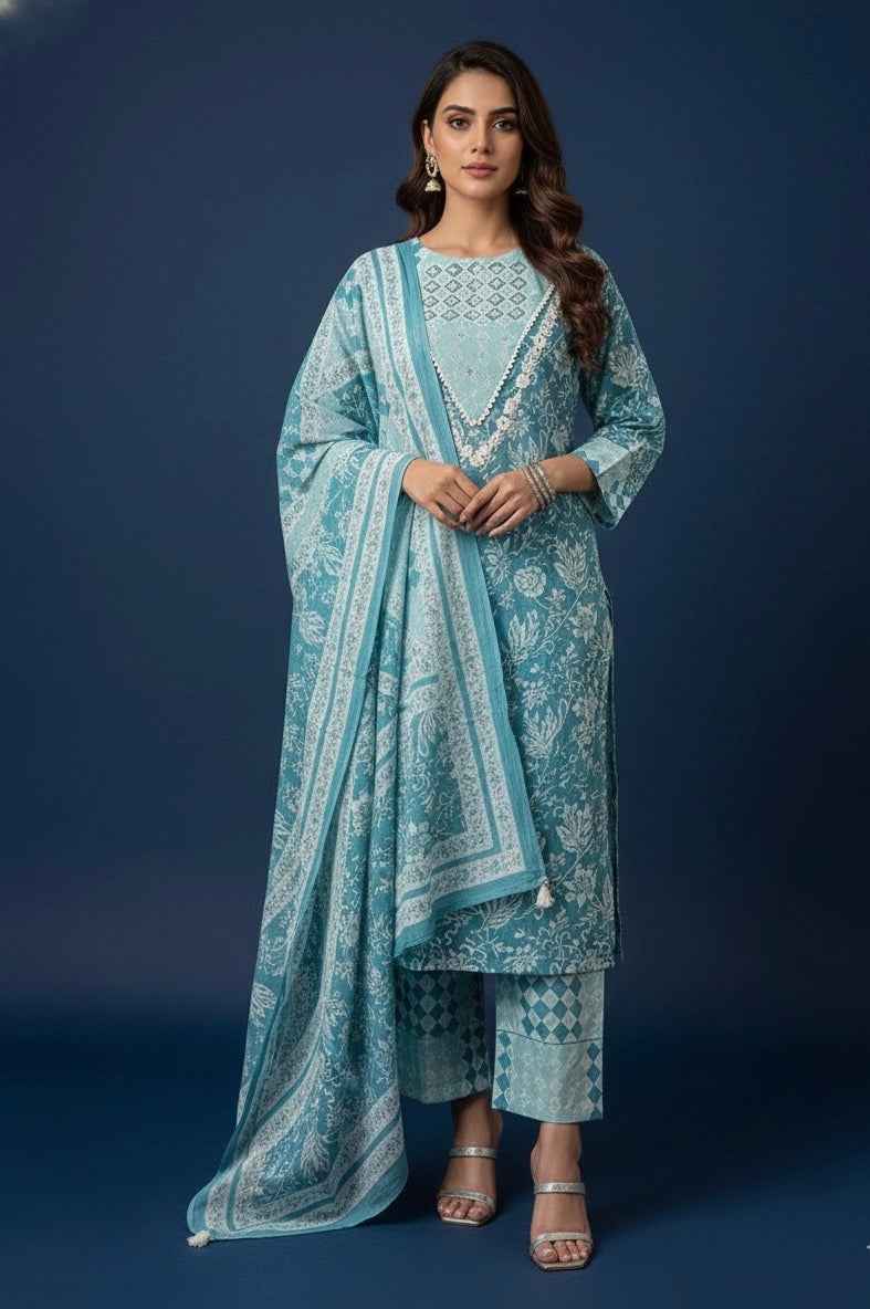 Pure Cotton Floral Print Three Piece Dupatta Set CS0206