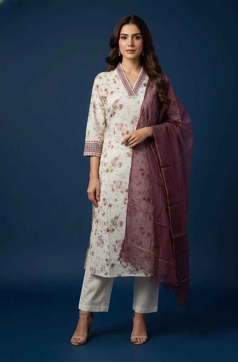 Pure Cotton Floral Print Three Piece Dupatta Set CS0204