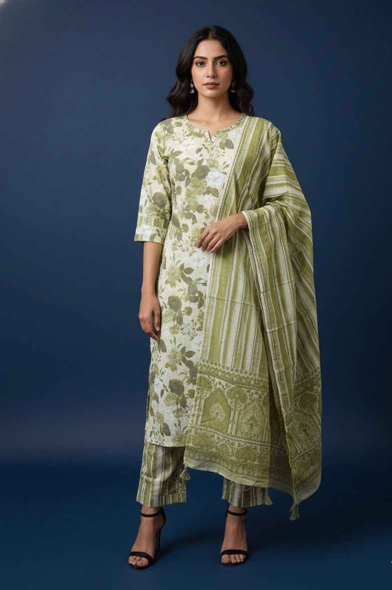 Pure Cotton Floral Print Three Piece Dupatta Set CS0195