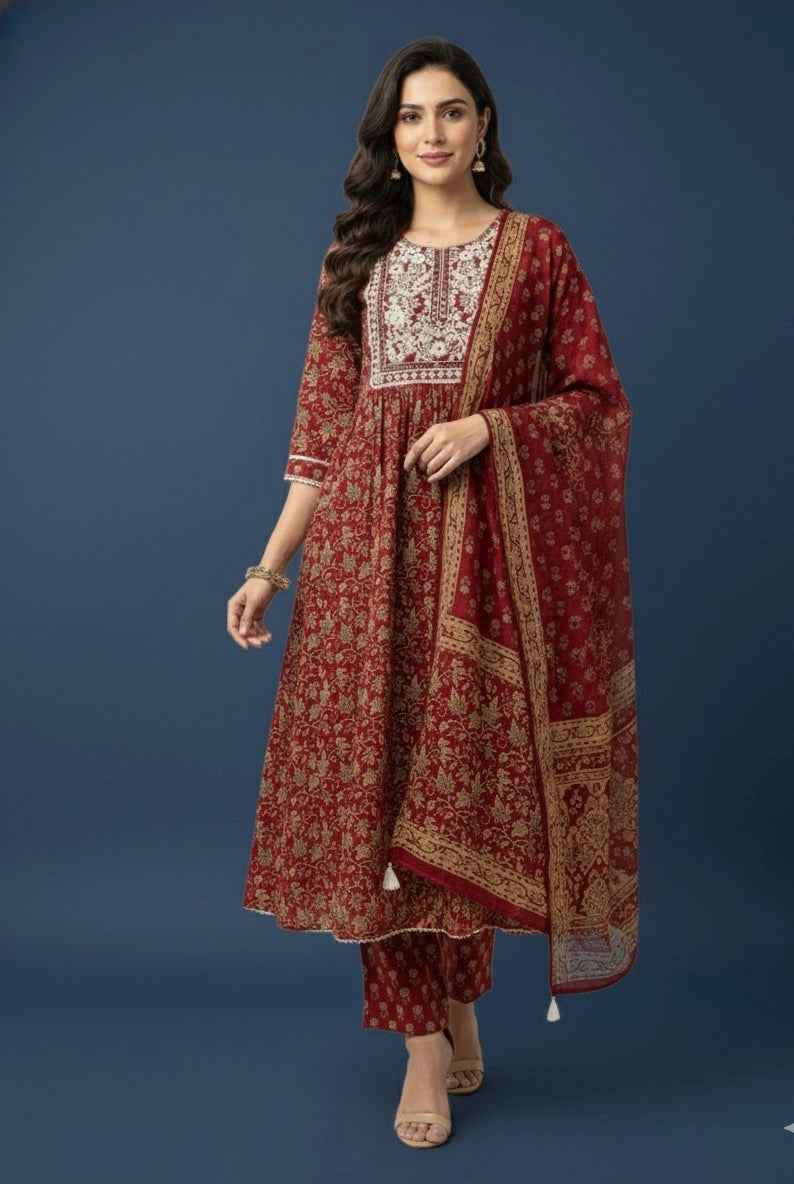 Pure Cotton  A Line  Print Three Piece Dupatta Set CS0222