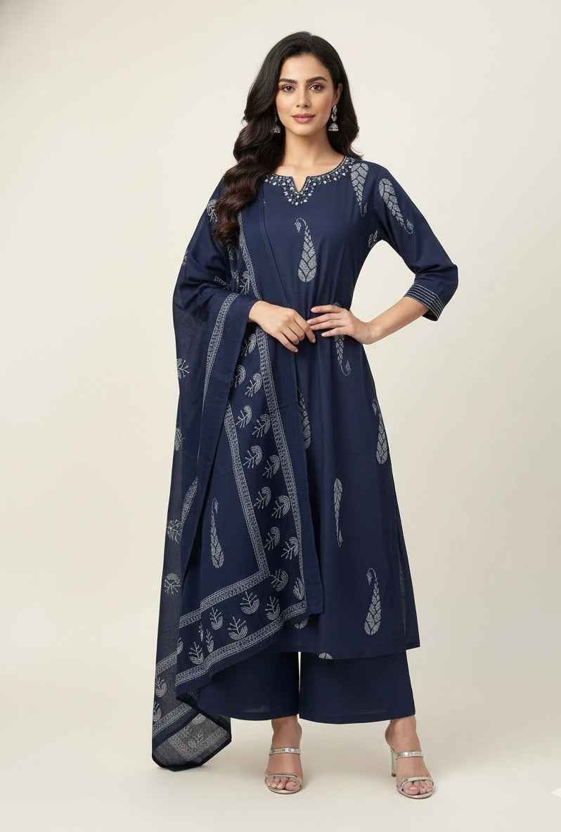 Pure Cotton A Line Three Piece Dupatta Set  CS0233