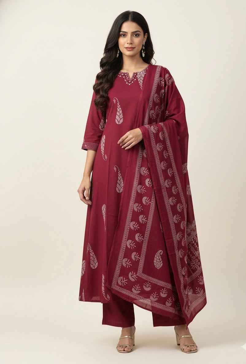 Pure Cotton A Line Three Piece Dupatta Set  CS0233