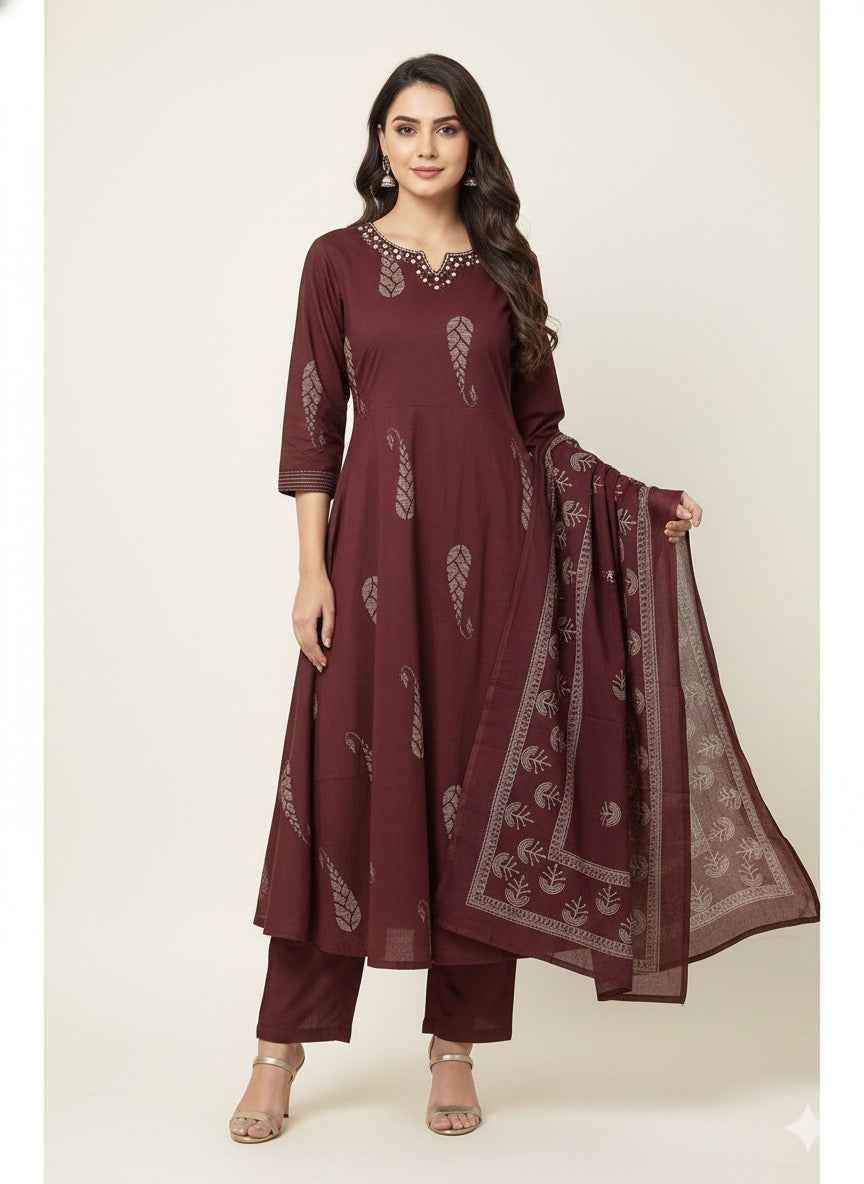 Pure Cotton A Line Three Piece Dupatta Set  CS0233