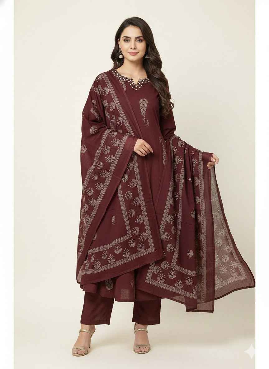Pure Cotton A Line Three Piece Dupatta Set  CS0233
