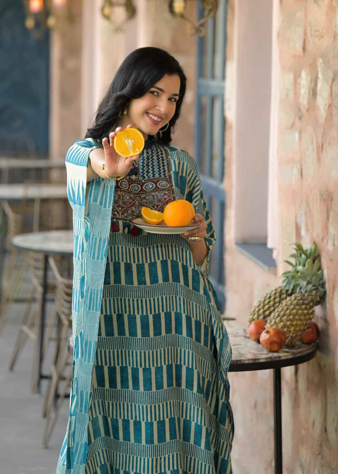 Pure Muslin Free style kaaftan in pure Ajrakh print.