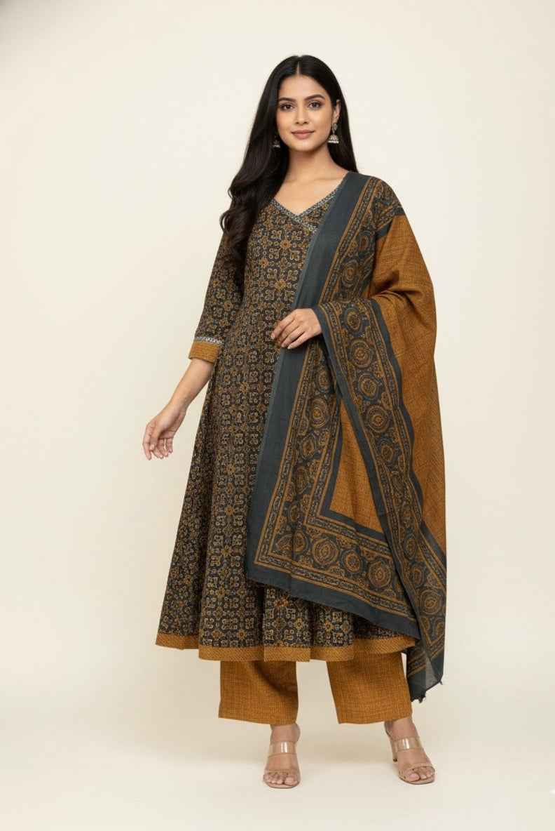 Pure Cotton Three Piece Anarkali  Dupatta Set ANK016