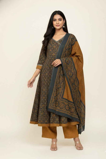 Pure Cotton Three Piece Anarkali  Dupatta Set ANK016