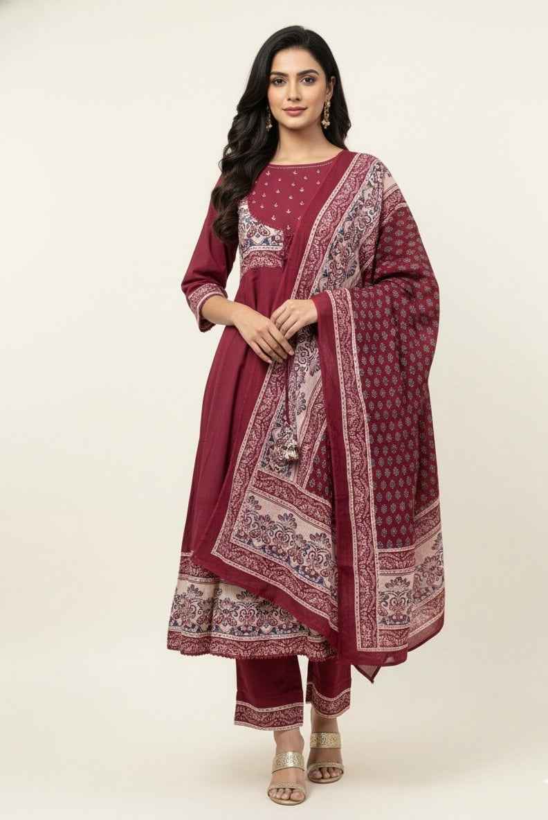 Pure Cotton Three Piece Anarkali  Dupatta Set ANK015