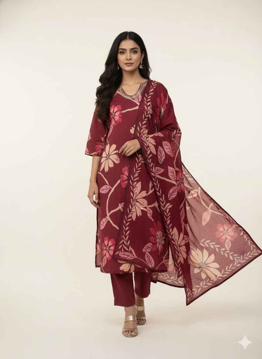 Pure Cotton Three Piece Dupatta Set  CS0258