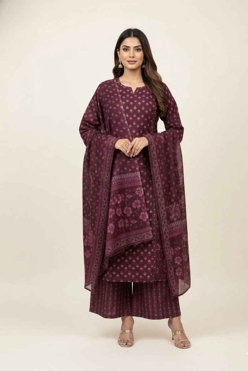 Pure Cotton Three Piece Dupatta Set  CS0256