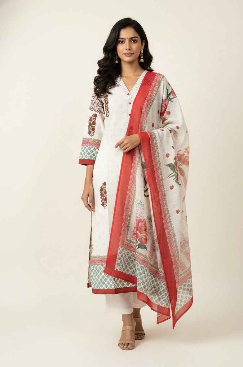 Pure Cotton flex Three Piece Dupatta Set  CS0252