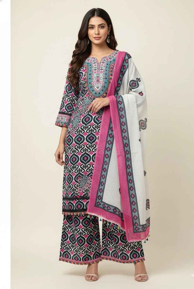 Pure Cotton Three Piece Dupatta Set With Palazzo  CS0253