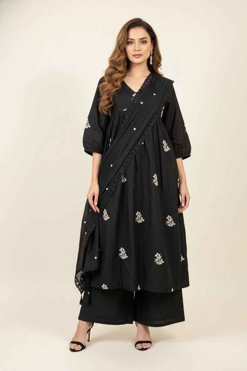 Pure Muslin A Line Three Piece Dupatta Set ANK019