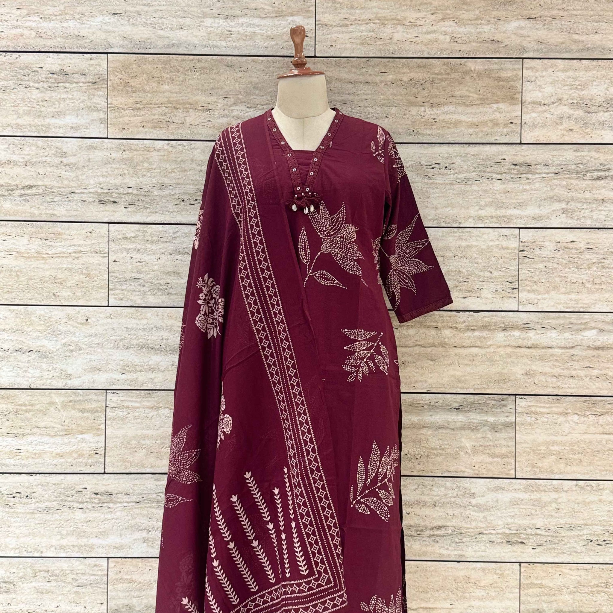Hnad Block Pure Cotton Wine Shade Dupatta Set