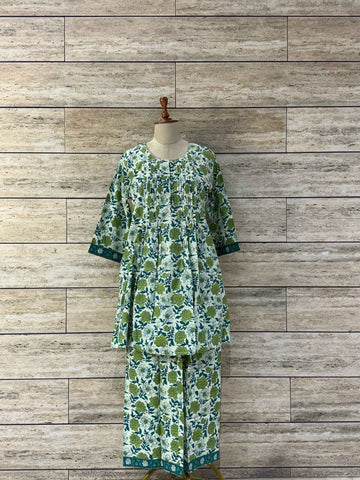 Floral Print Pure Cotton Round Neck Pant Set RS012