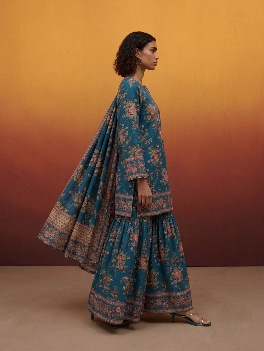 Printed Cotton Dupatta Set With Sharara