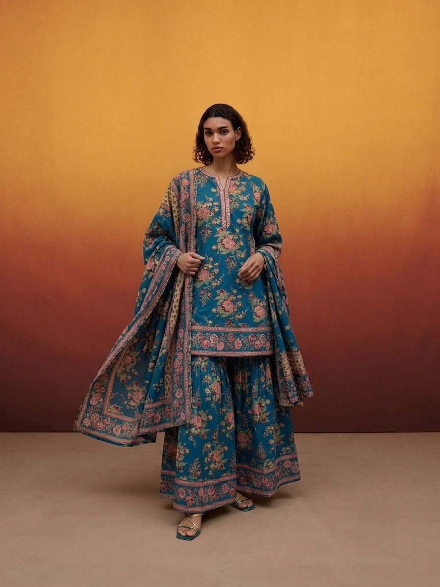 Printed Cotton Dupatta Set With Sharara
