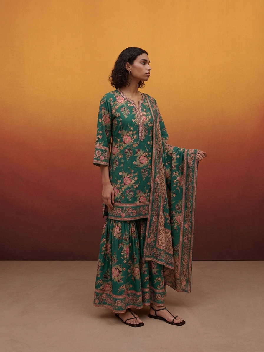 Printed Cotton Dupatta Set With Sharara