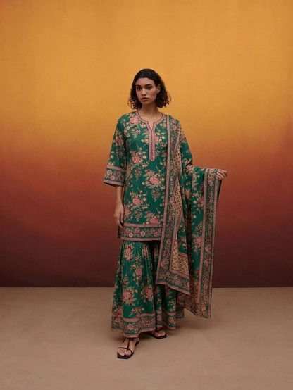 Printed Cotton Dupatta Set With Sharara